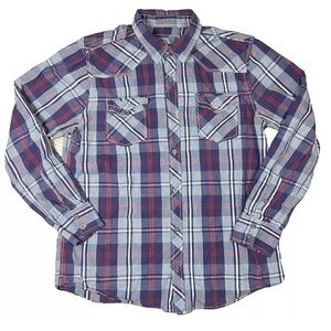 BKE Buckle Shirt Mens XL Gray Blue Metal Buttons Standard Fit L/S Plaid Western